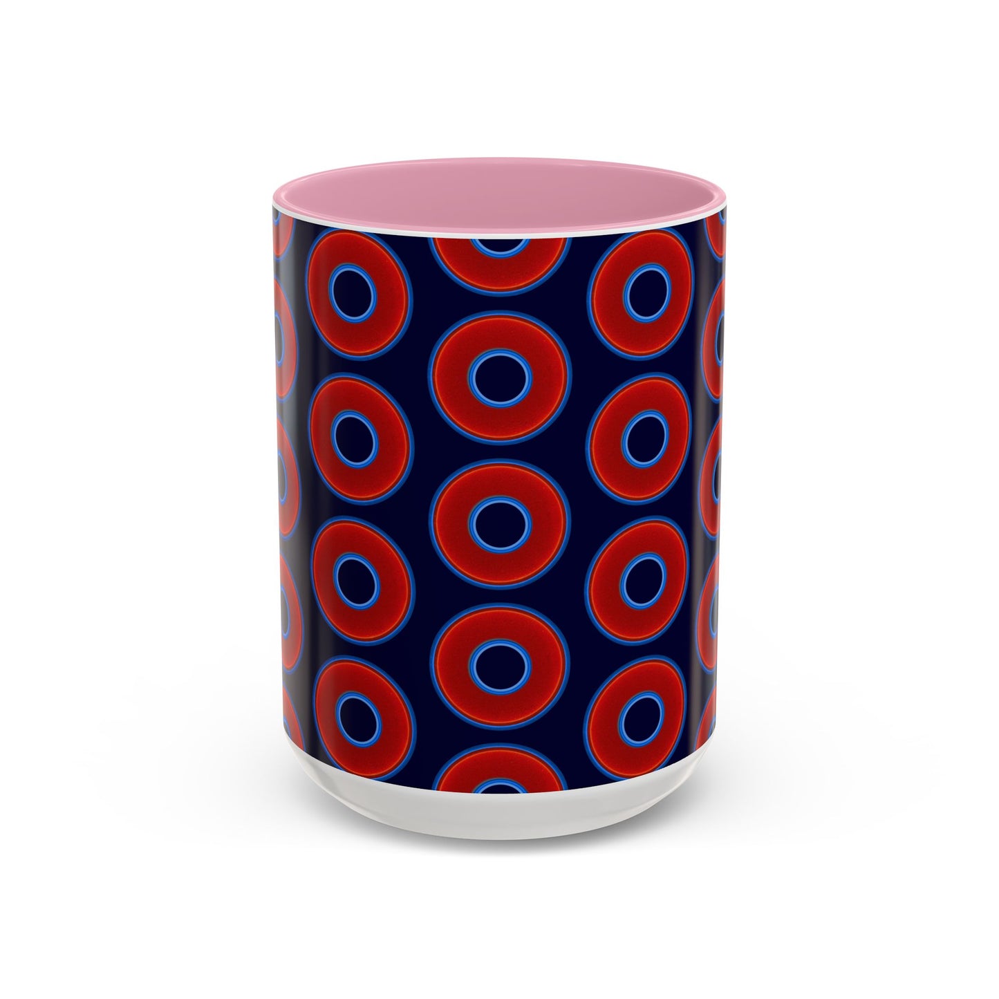 Lump's Grumpy Coffee Mug - vivid red donuts w/midnight blue background