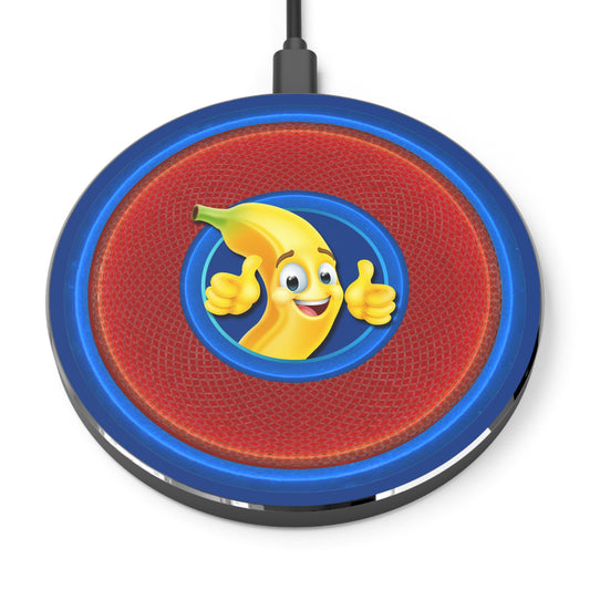 The Flow - Wireless Lumpy Donut Chargers - "This Wireless Power is Bananas" - rustic red donut w/dark blue background - variant 1