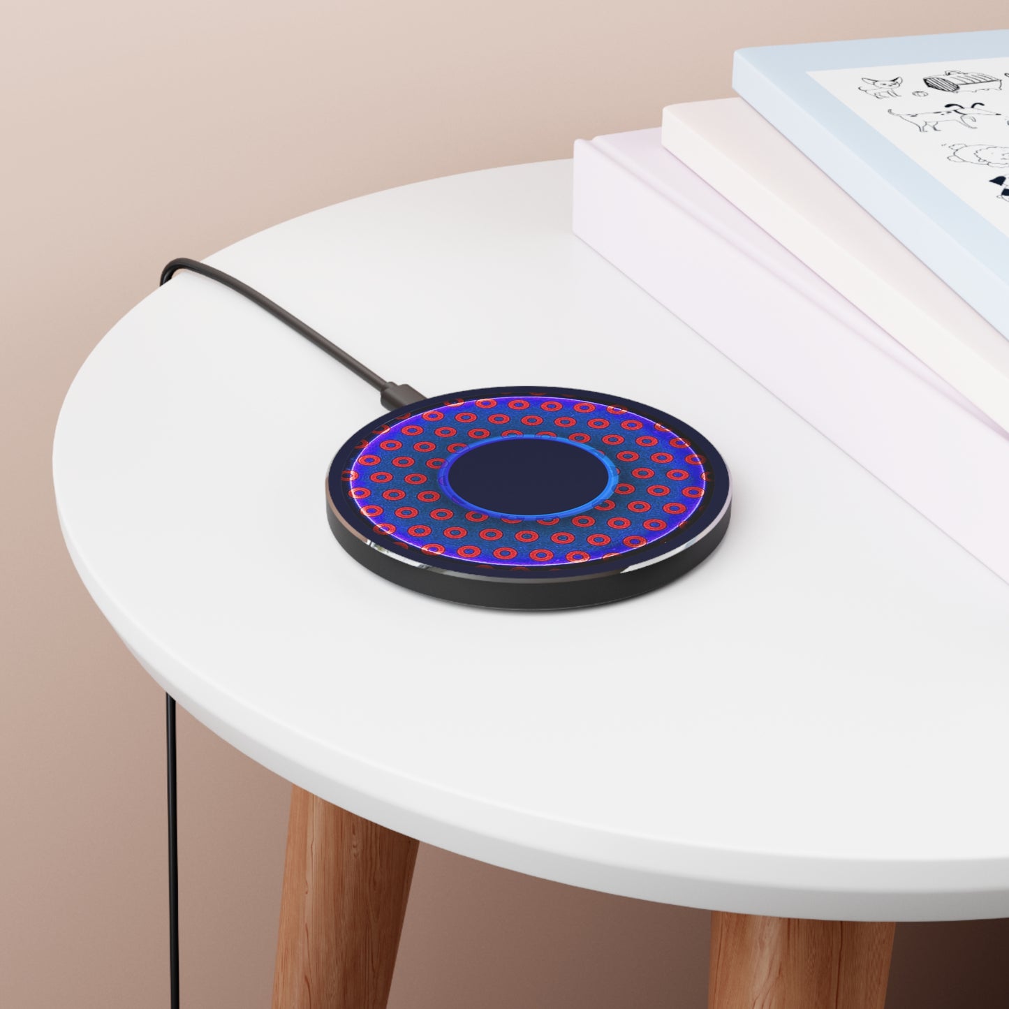The Flow - Wireless Lumpy Donut Chargers - paradoxical rustic red/blue donut w/dark navy background