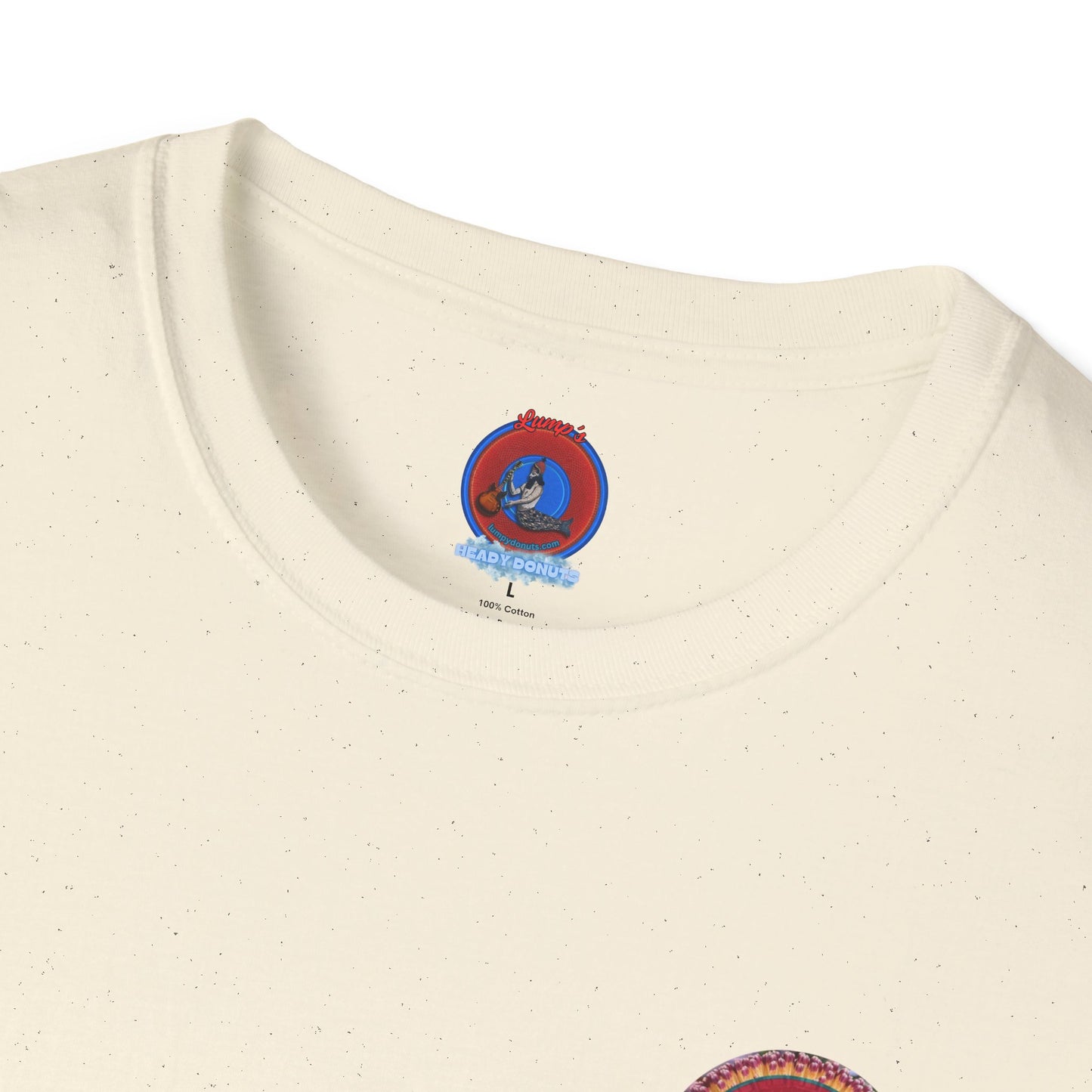 Classic Donut Tee - Unisex Soft-Style - "Smell the Donuts Outside on my Lawn"  " variant 1 - blue donut on red donut/flower