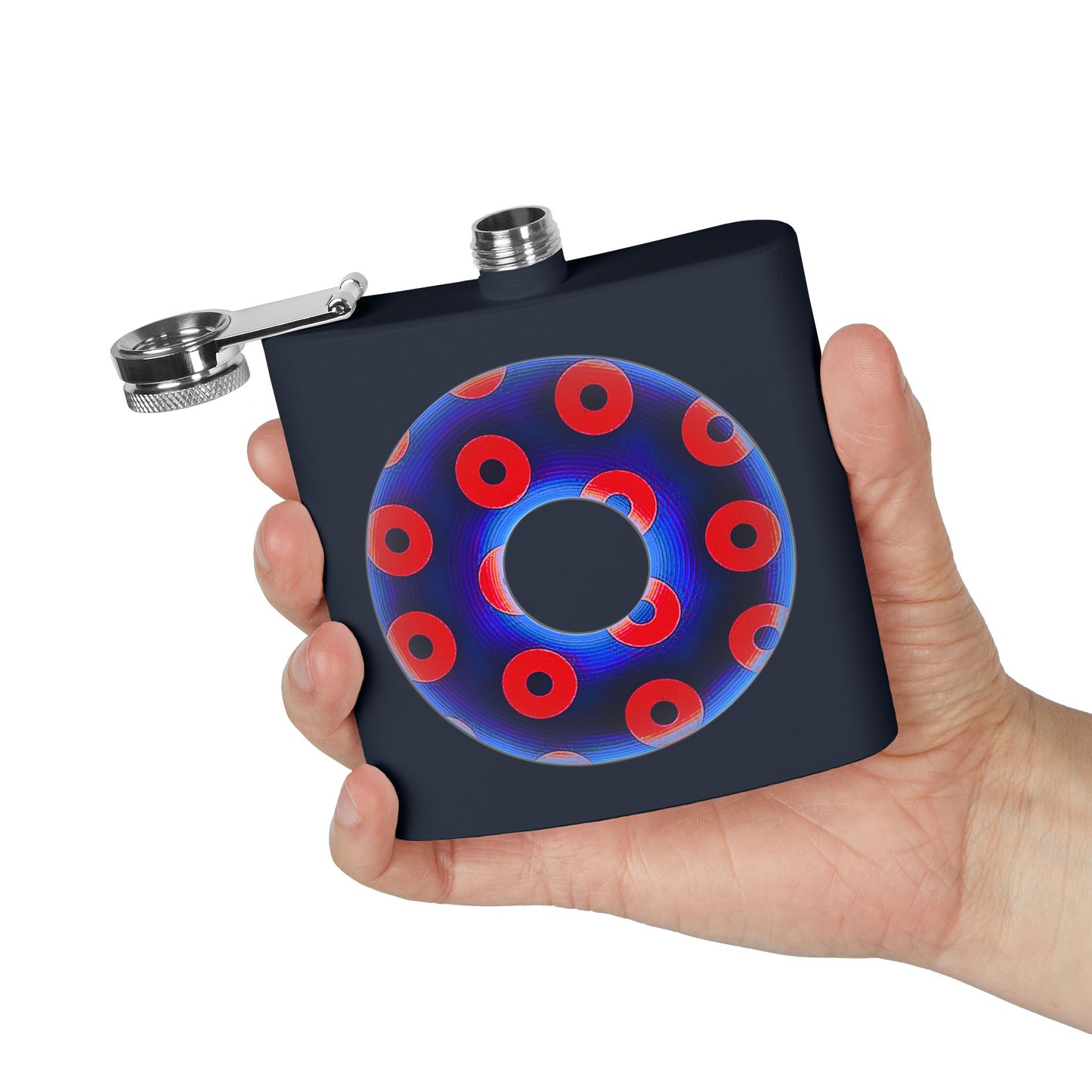 Lump's Donut Flask 6 oz -  Blue/Red Blimpy Paradox Donut - [*w/your choice of 5 backgrounds]