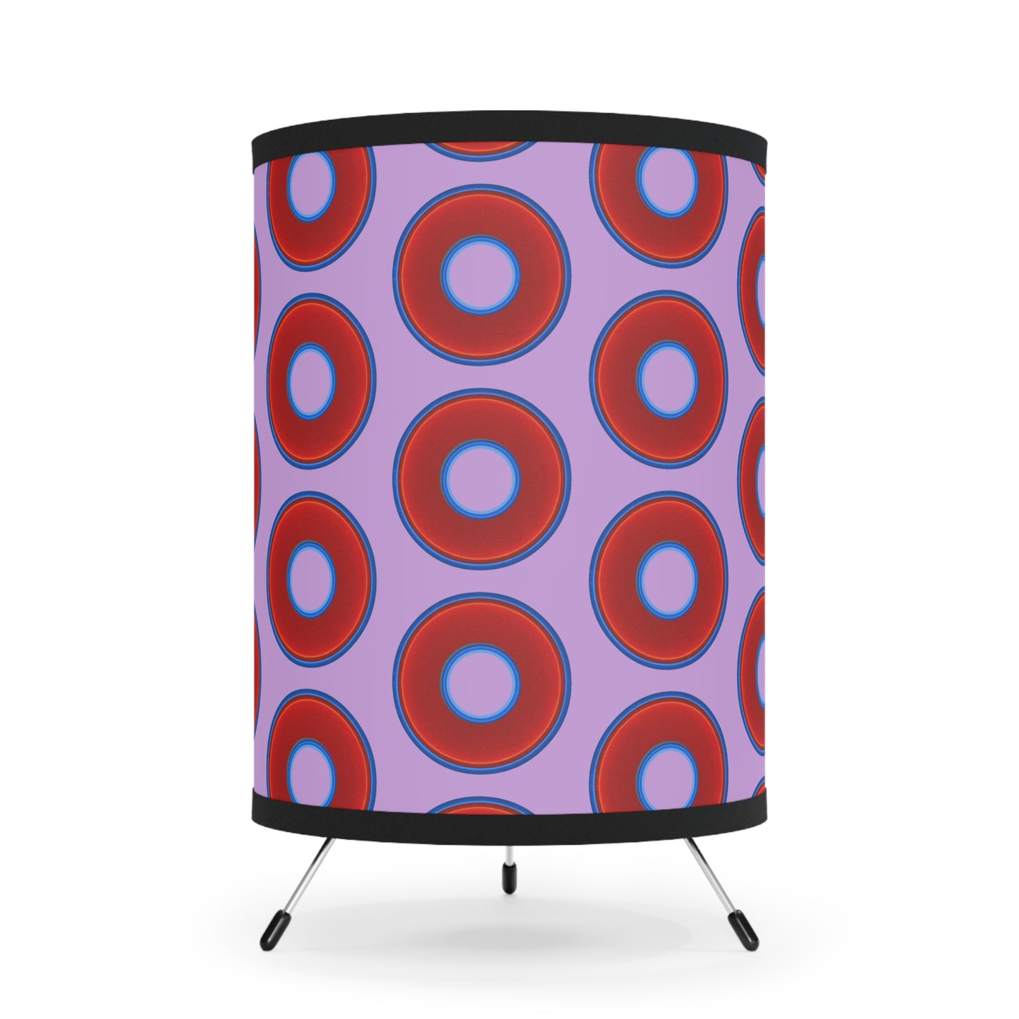 Lumpy Tripod Donut Lamp - vivid red donuts w/wisteria purple background