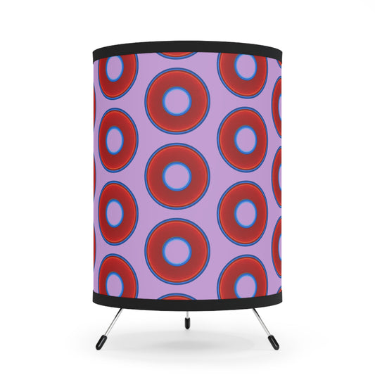 Lumpy Tripod Donut Lamp - vivid red donuts w/wisteria purple background