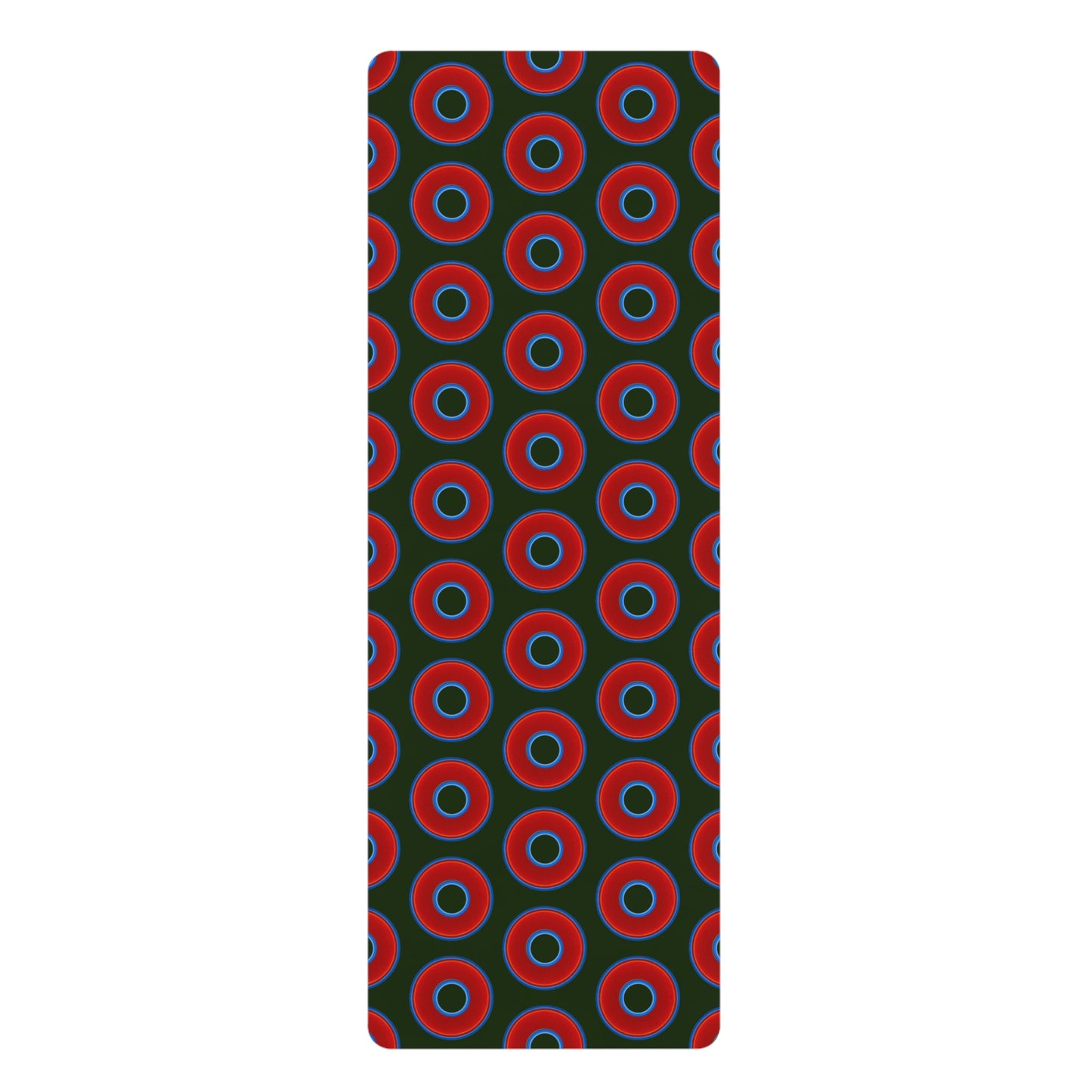 Lumpy Donut Yoga Mat :) - 24″ x 70" - vivid red donut print w/deep forest green background