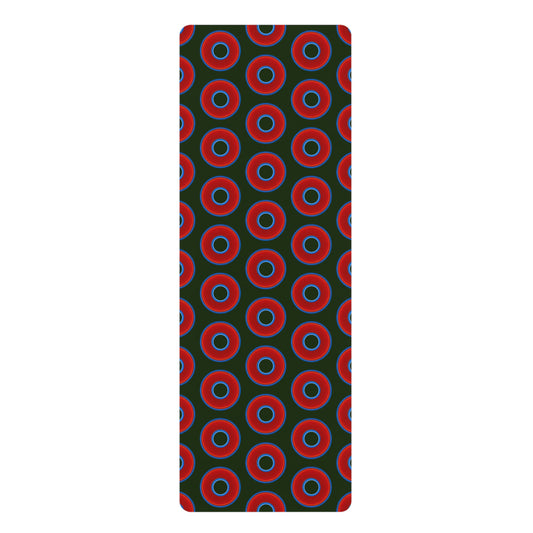 Lumpy Donut Yoga Mat :) - 24″ x 70" - vivid red donut print w/deep forest green background