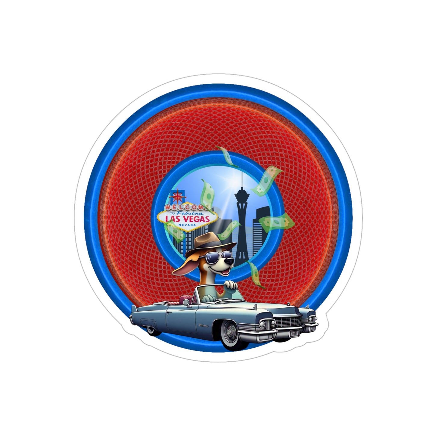 Donut Bumper/Outdoor Sticker - "Jimmy's Marathon Donuts" - series 1.0 - variant 3 - Jim's Caddy on red/blue donut w/hole - [Die-Cut] 6"x 6"