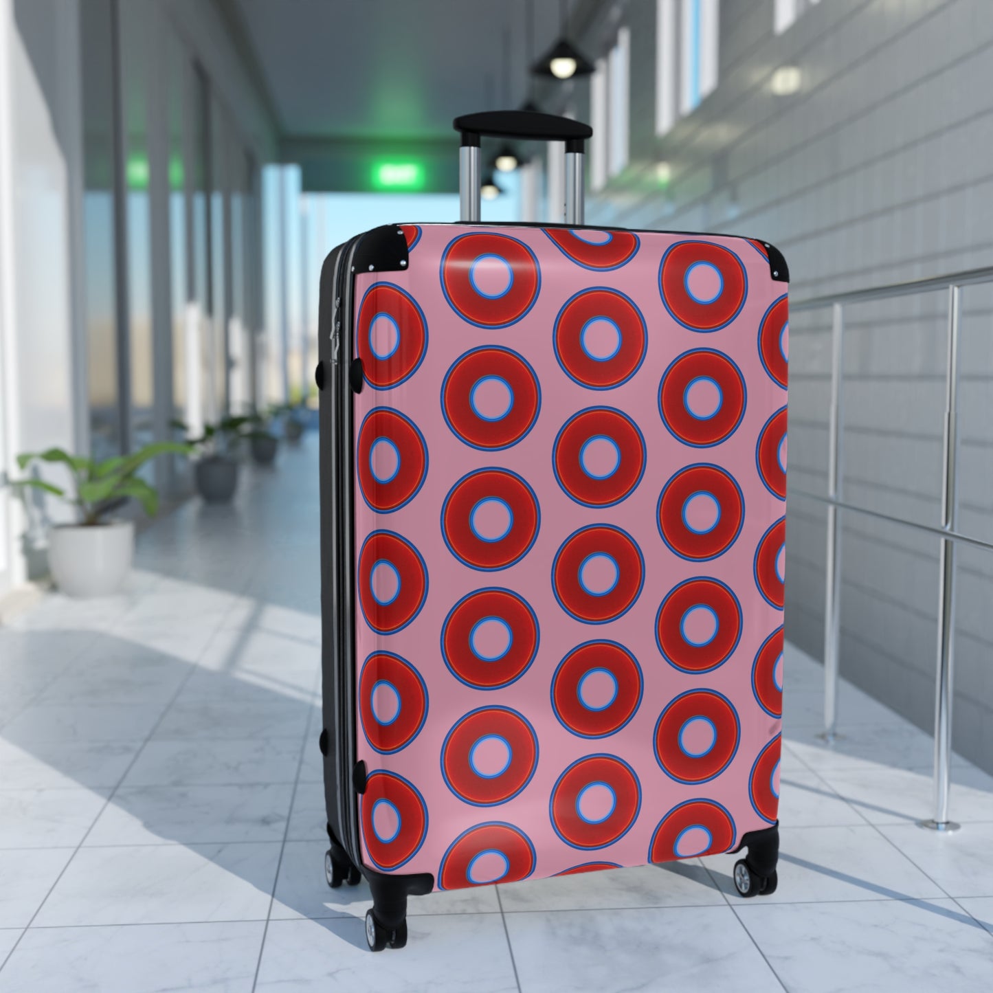 Very Lumpy Donut Suitcase series - your choice of S, M or L - vivid red donut print w/pale magenta background