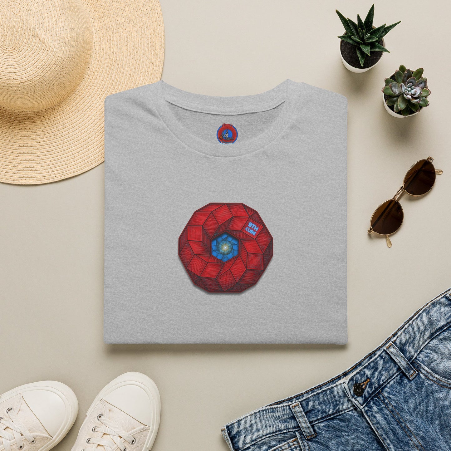 Classic Donut Tee - Unisex Soft-Style - "The 9th Donut" - rustic red/blue cubed donut - variant 2