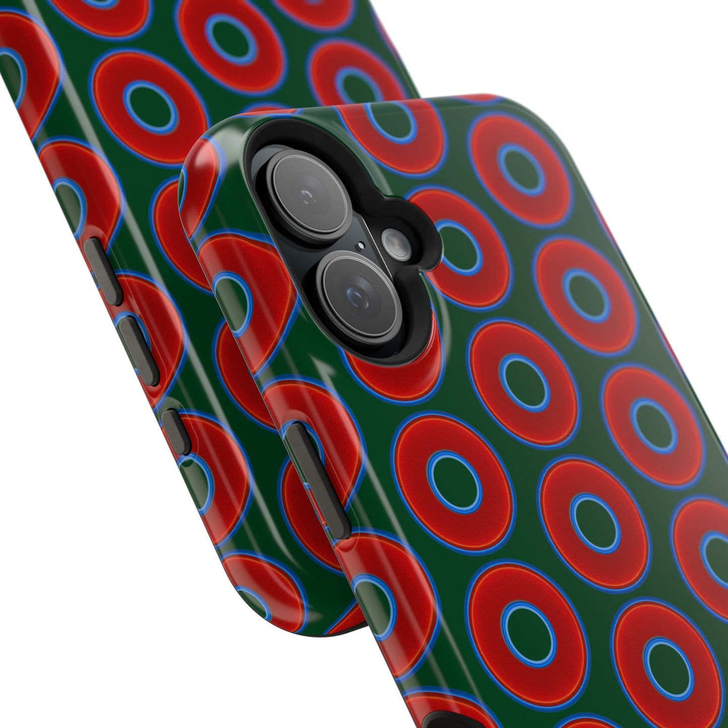 Magnetic Tough Donut Case - red vivid donut print w/deep pond green background