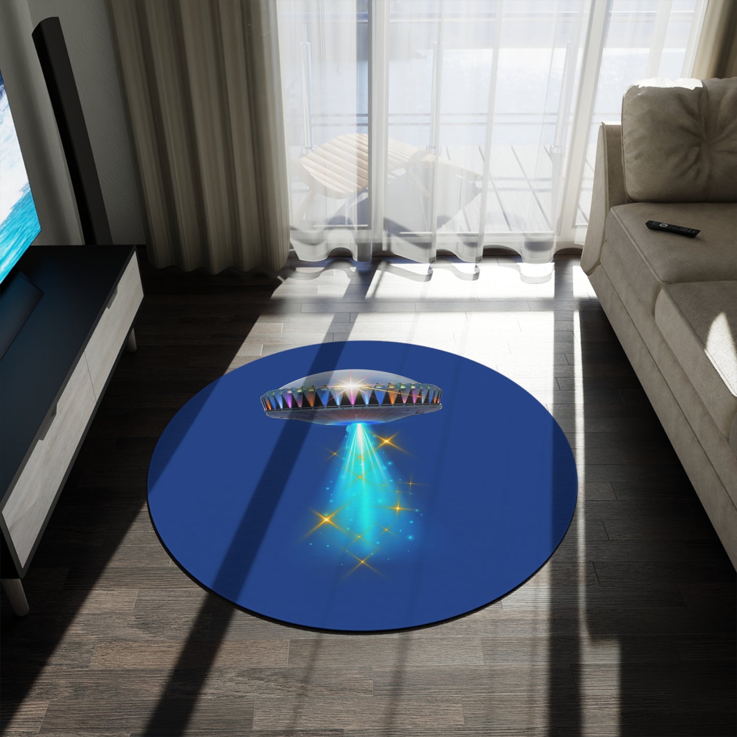 Round Room - 5 ft x 5 ft Lumpy Donut Rug - "They Have Rugs on the Mothership now" - mothership & donut w/dark blue background - variant 1