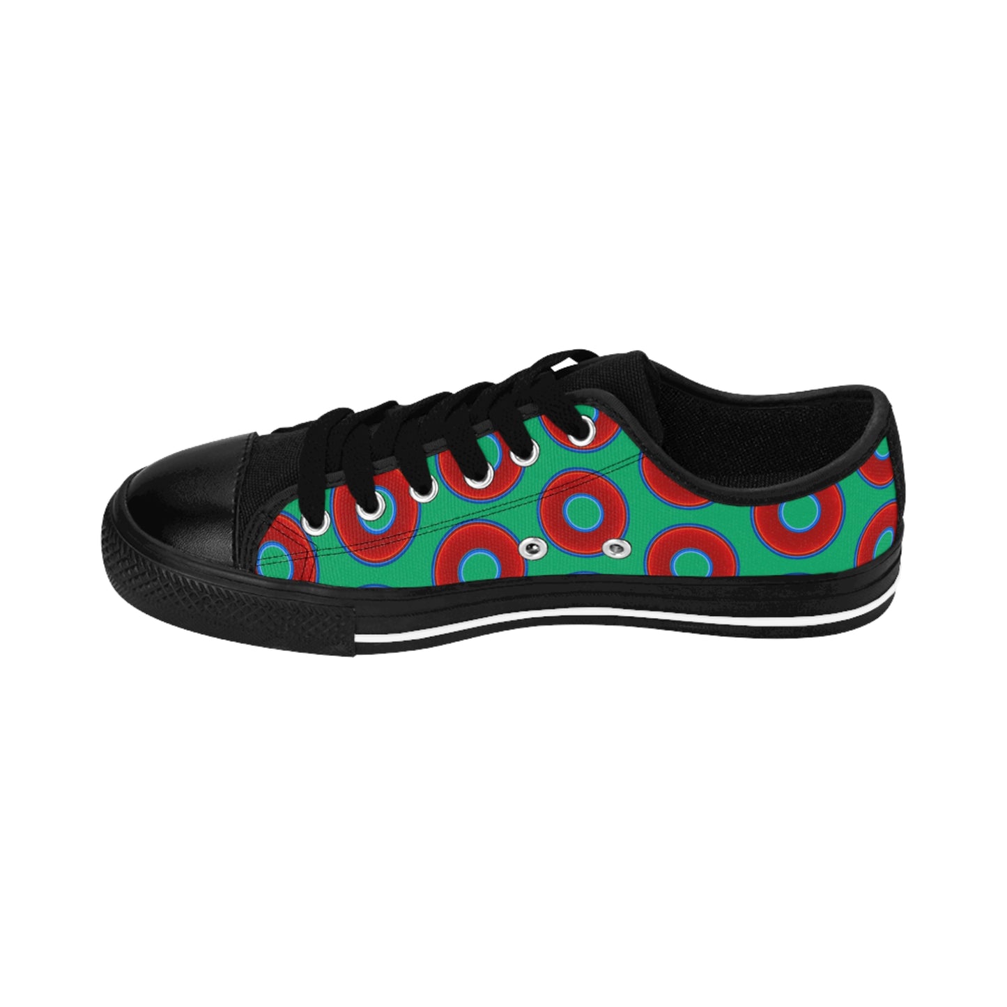 Women's Cushiony Convectors - Low Top - large red vivid donut print w/jade green background