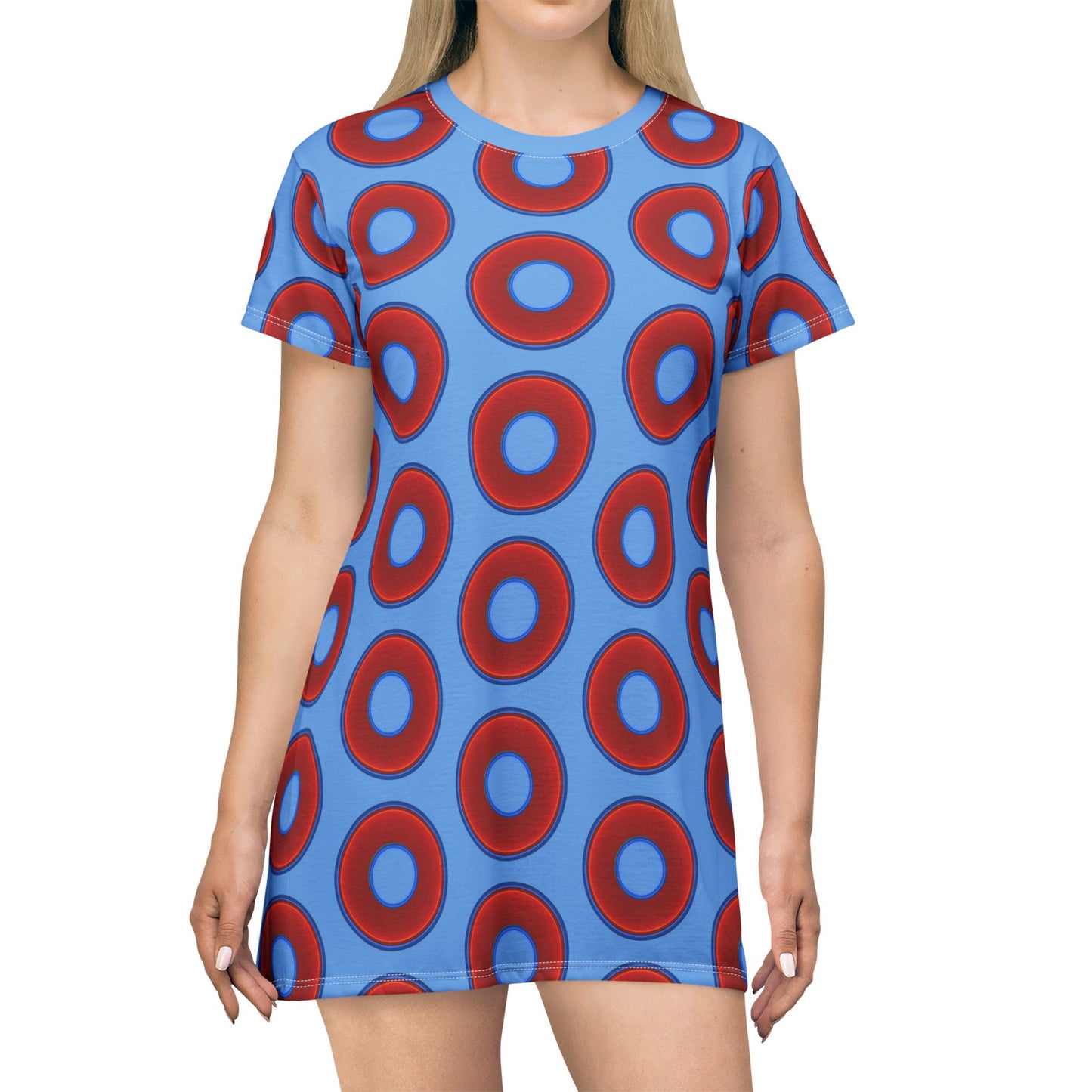 Not a Muumuu AOP Tee Shirt Dress - red vivid donuts w/light blue background