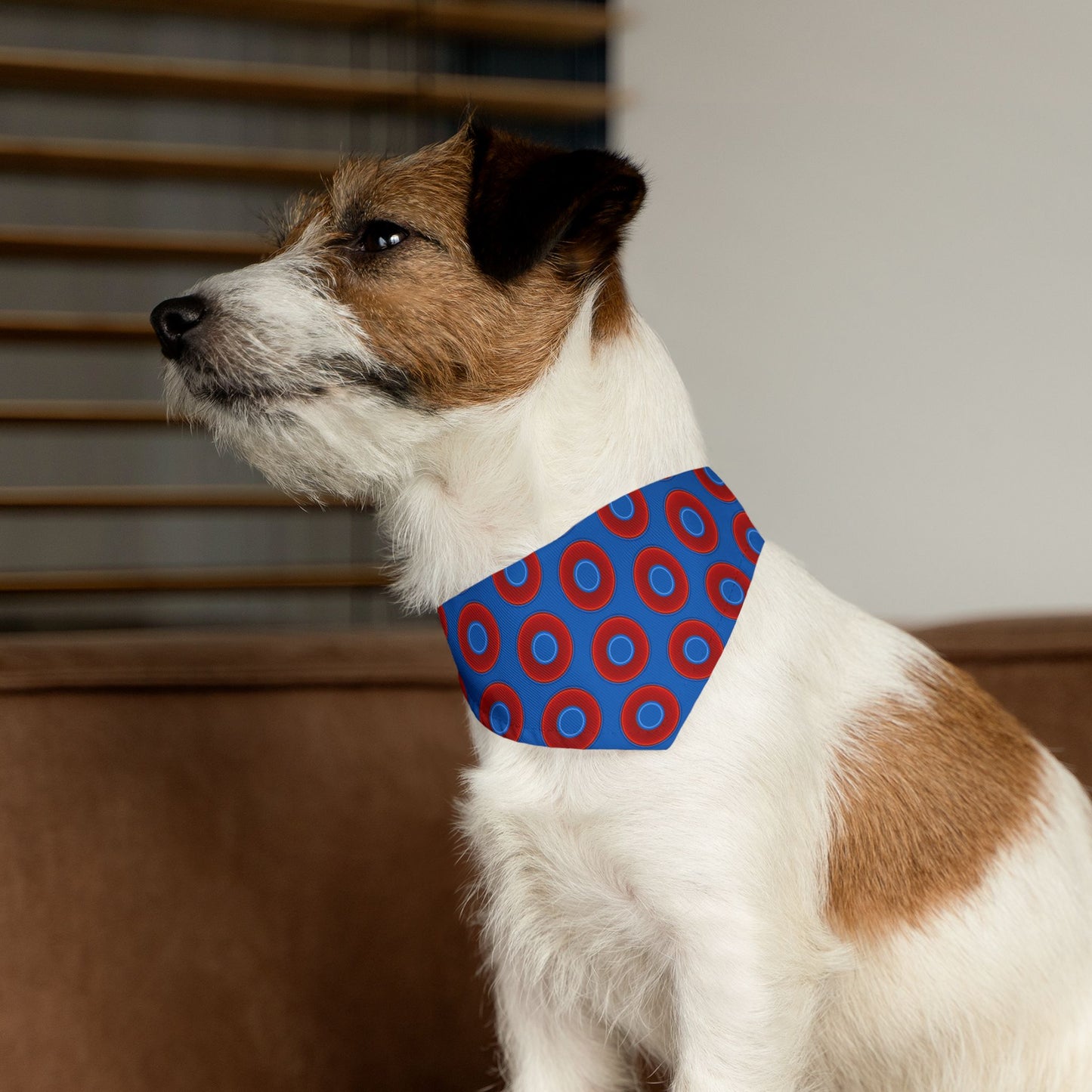 Jim's Lumpy Bandana Pet Collar - vivid red donuts w/dark royal blue background