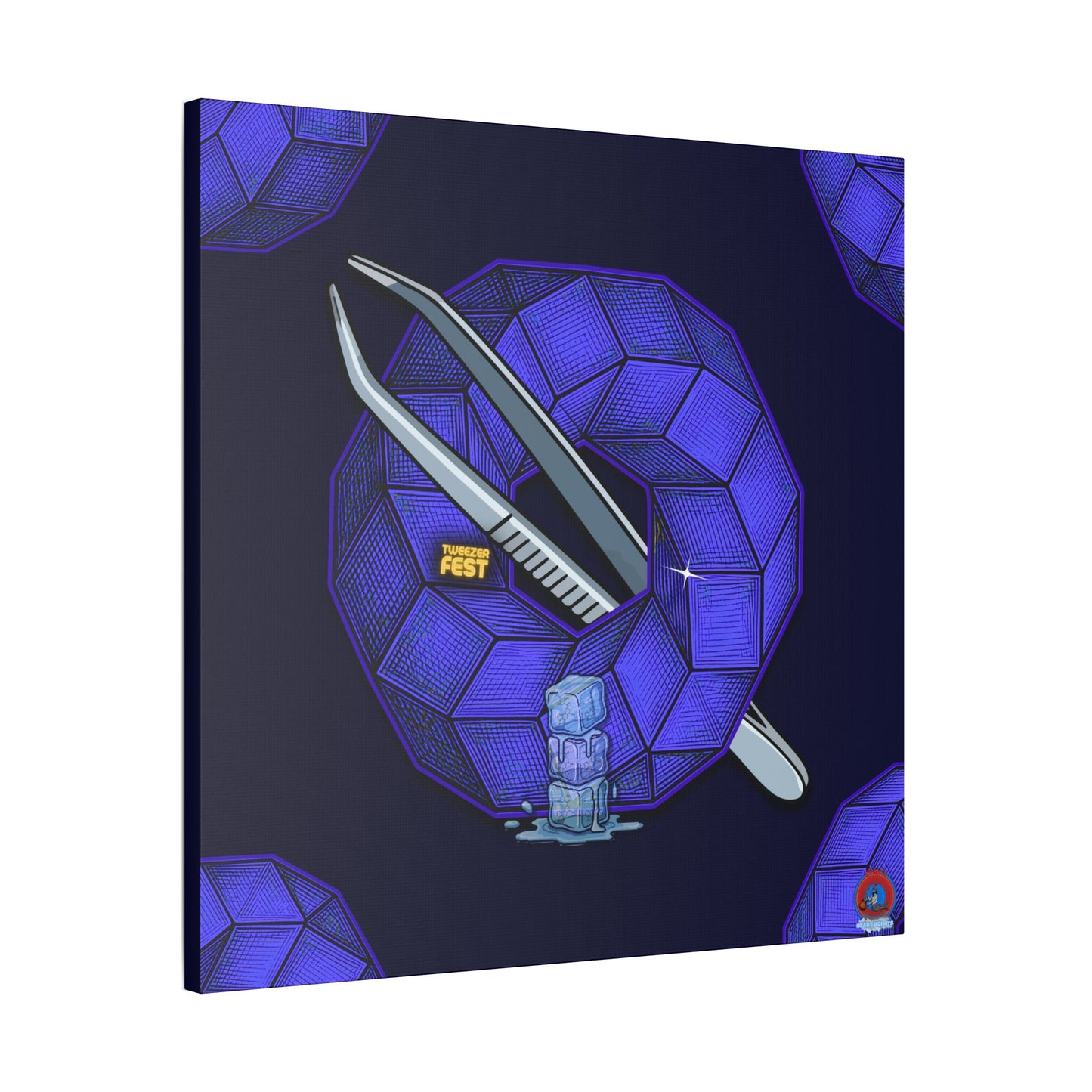 GIANT  Canvas [36" x 36"] - "Uncle Ebenezer's Donut" - blue cubed donuts - w/donut pattern - variant 2