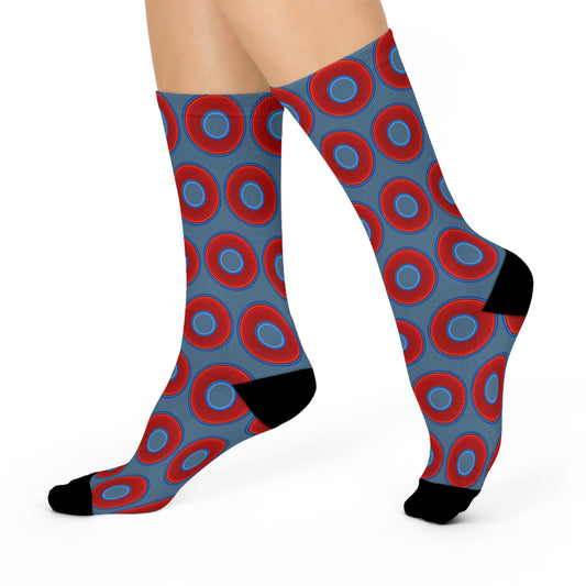 Lumpy Sox - cushioned crew - vivid red donut print w/steel blue background