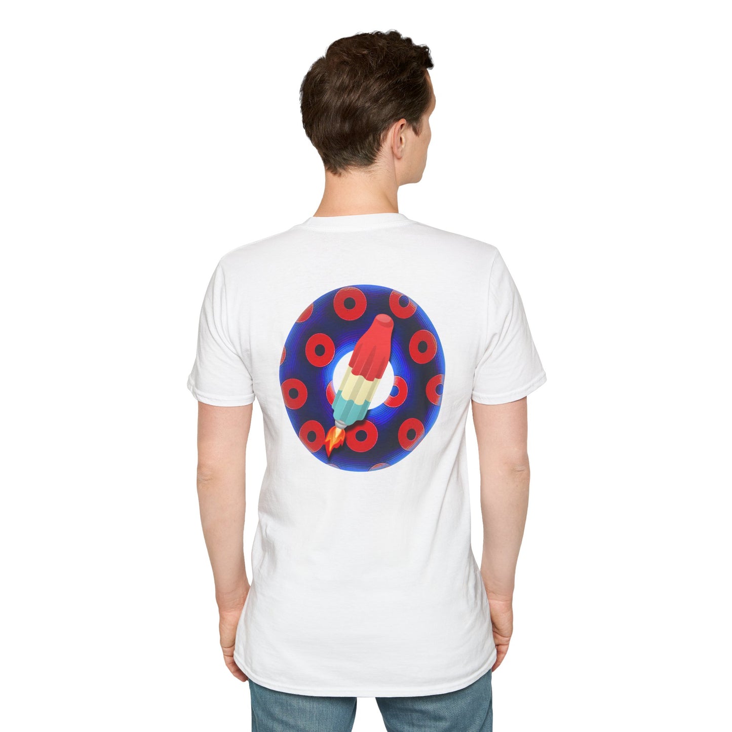 Classic Donut Tee - Unisex Soft-Style - "Blow this Popsicle Stand" - blue/red paradox bomb pop donut - variant 1