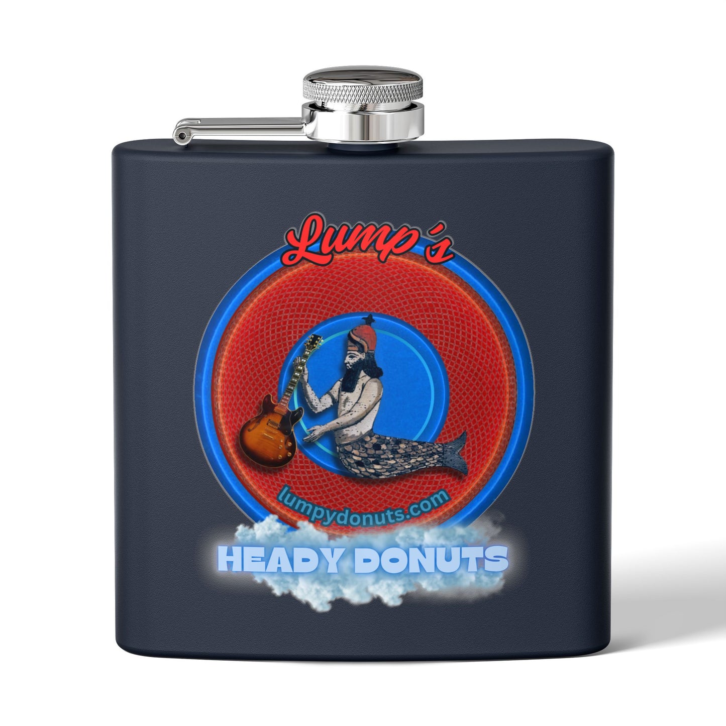 Lump's Donut Flask 6 oz -  "Lump's Heady Logo Flask" - red/blue rustic donut - [*w/your choice of 6 backgrounds]