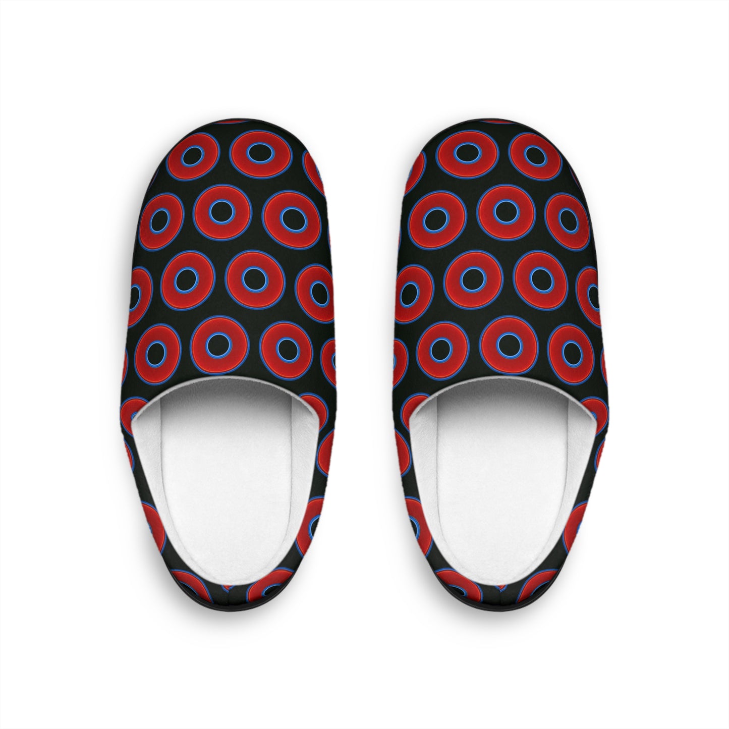 Women's Lumpy Slippers - red vivid donut print w/midnight moss background
