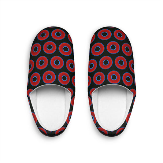 Women's Lumpy Slippers - red vivid donut print w/midnight moss background