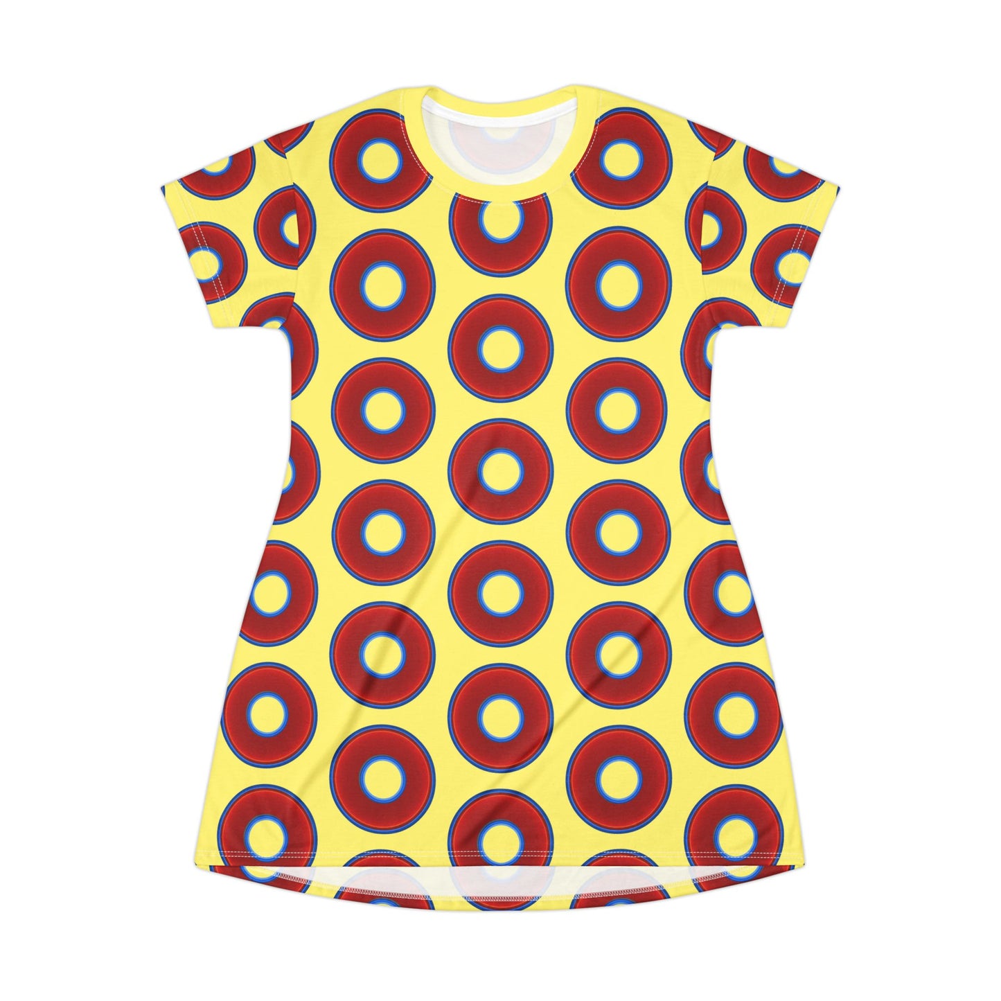 Not a Muumuu AOP Tee Shirt Dress - red vivid donuts w/yellow background