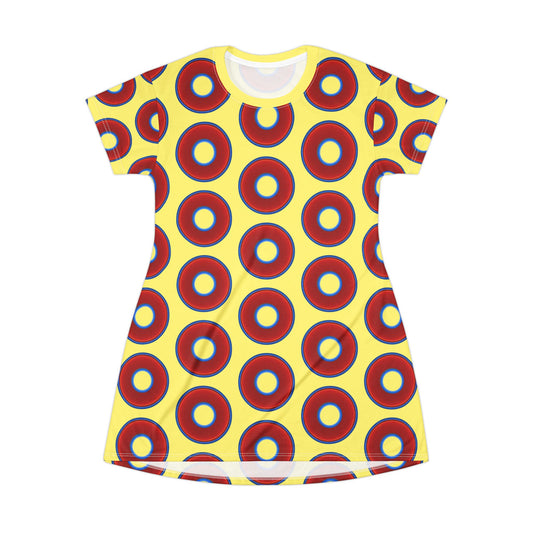 Not a Muumuu AOP Tee Shirt Dress - red vivid donuts w/yellow background