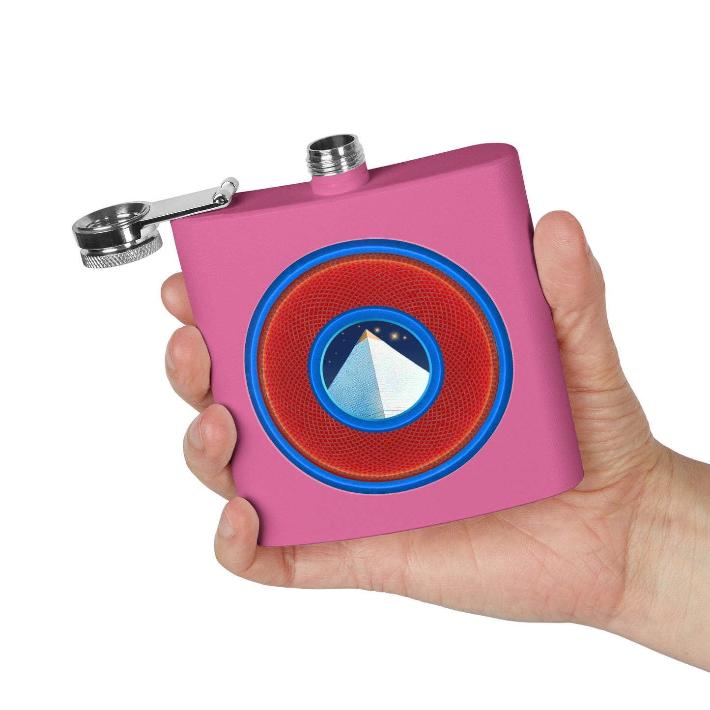 Lump's Donut Flask 6 oz -  "Limestone Flask" - red/light blue rustic donut - [*w/your choice of 6 backgrounds]