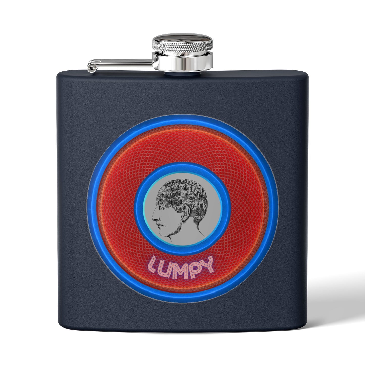 Lump's Donut Flask 6 oz -  "Our Lumpiest Flask" - red/blue rustic donut - [*w/your choice of 6 backgrounds]
