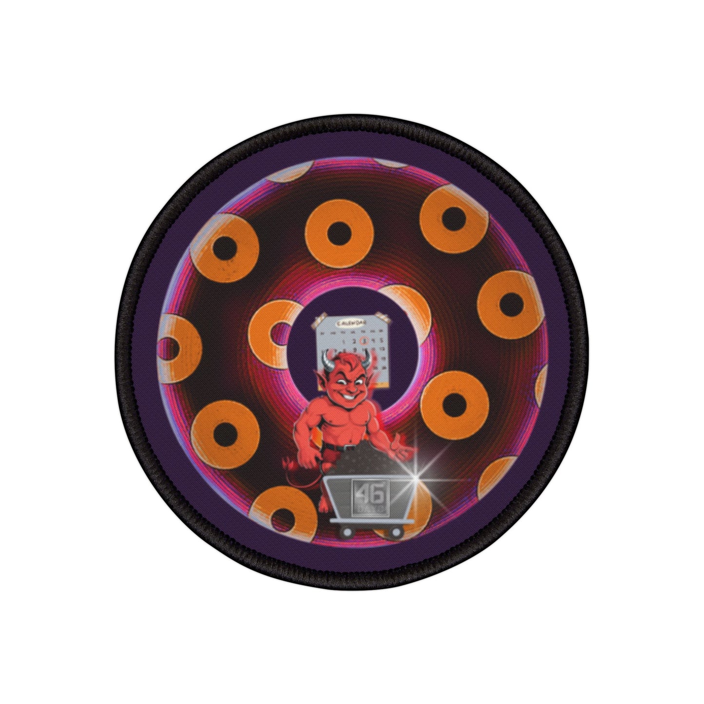 Iron-On Donut Patch - "46 Donuts Taste the Fear" - paradoxical dark magenta/orange blimpy donut