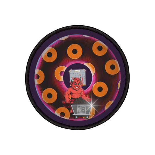 Iron-On Donut Patch - "46 Donuts Taste the Fear" - paradoxical dark magenta/orange blimpy donut