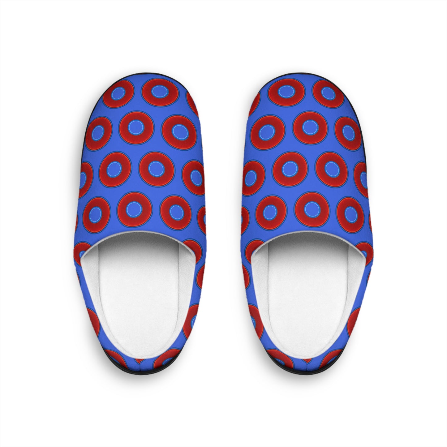 Men's Lumpy Slippers - red vivid donut print w/royal blue background