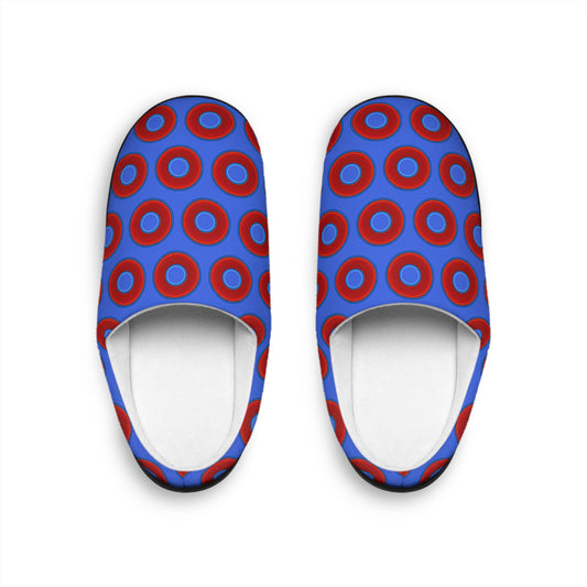 Men's Lumpy Slippers - red vivid donut print w/royal blue background