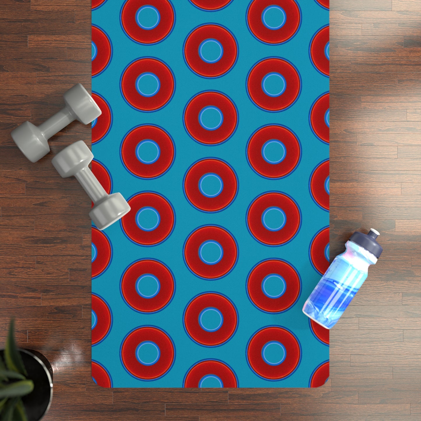 Lumpy Donut Yoga Mat :) - 24″ x 70" - vivid red donut print w/aquamarine blue background