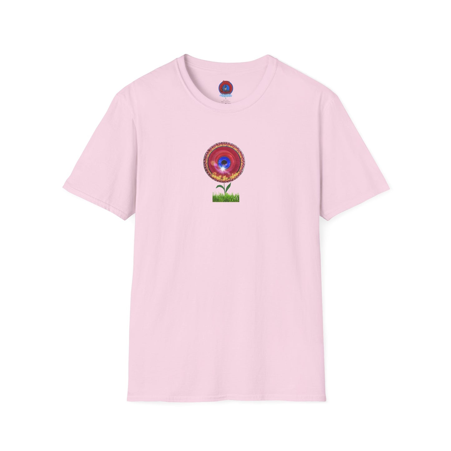 Classic Donut Tee - Unisex Soft-Style - "Smell the Donuts Outside on my Lawn"  " variant 2 - blue donut on red donut/flower