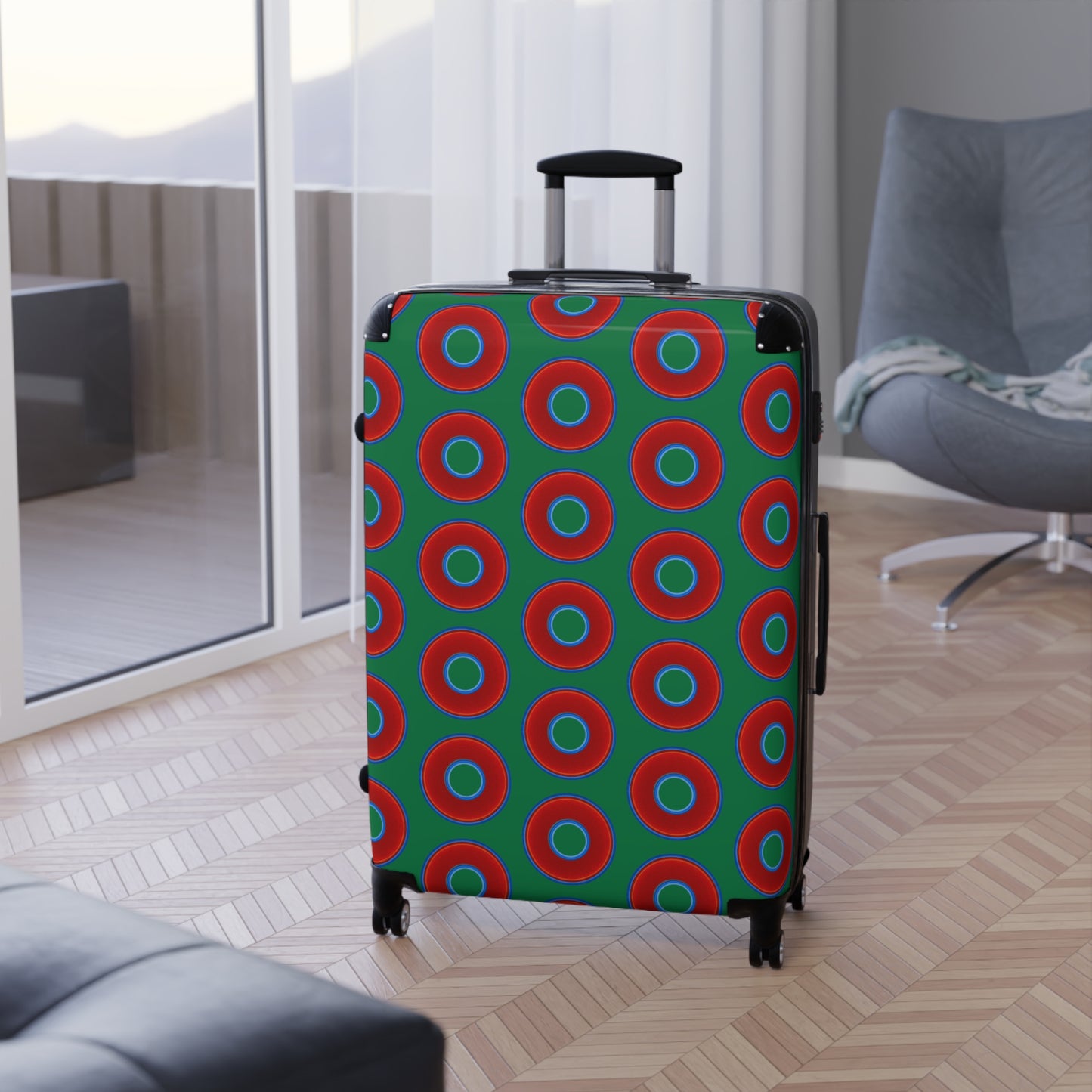 The Very Lumpy Donut Suitcase series - your choice of S, M or L - vivid red donut print w/green background