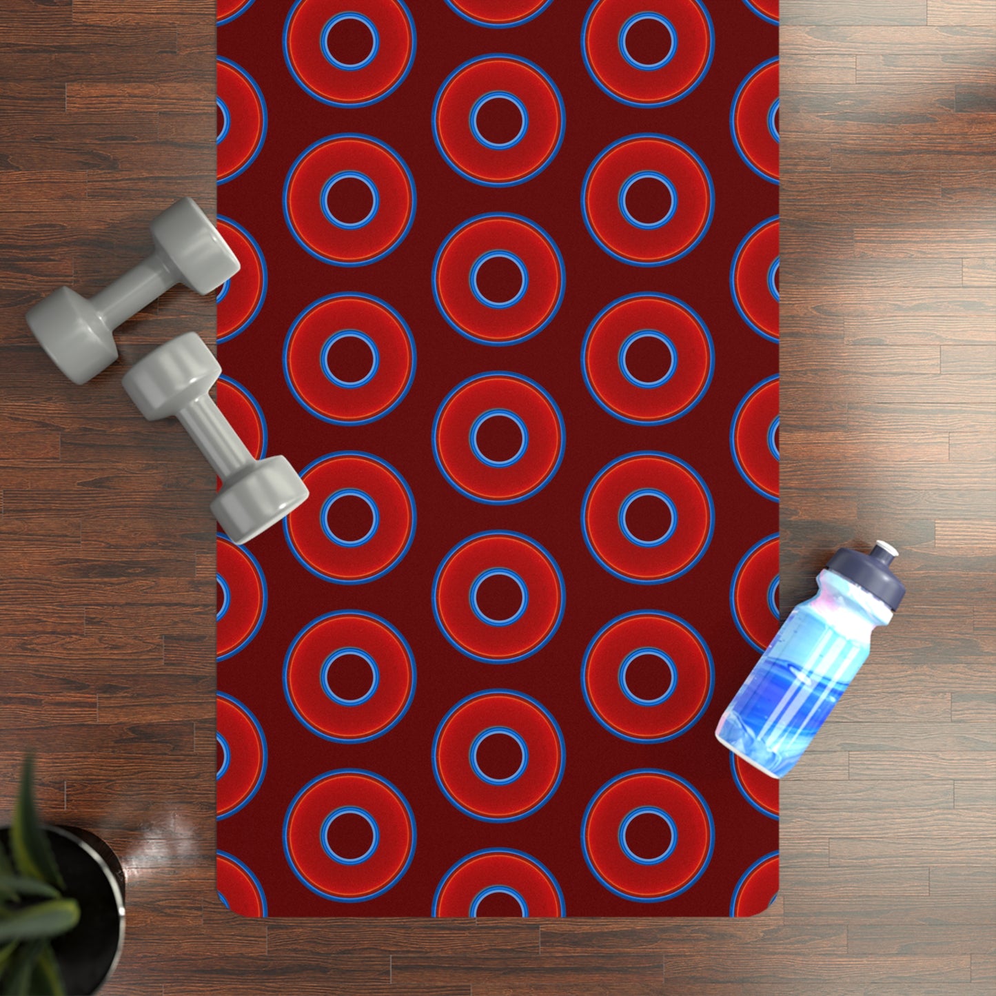 Lumpy Donut Yoga Mat :) - 24″ x 70" - vivid red donut print w/dark red background