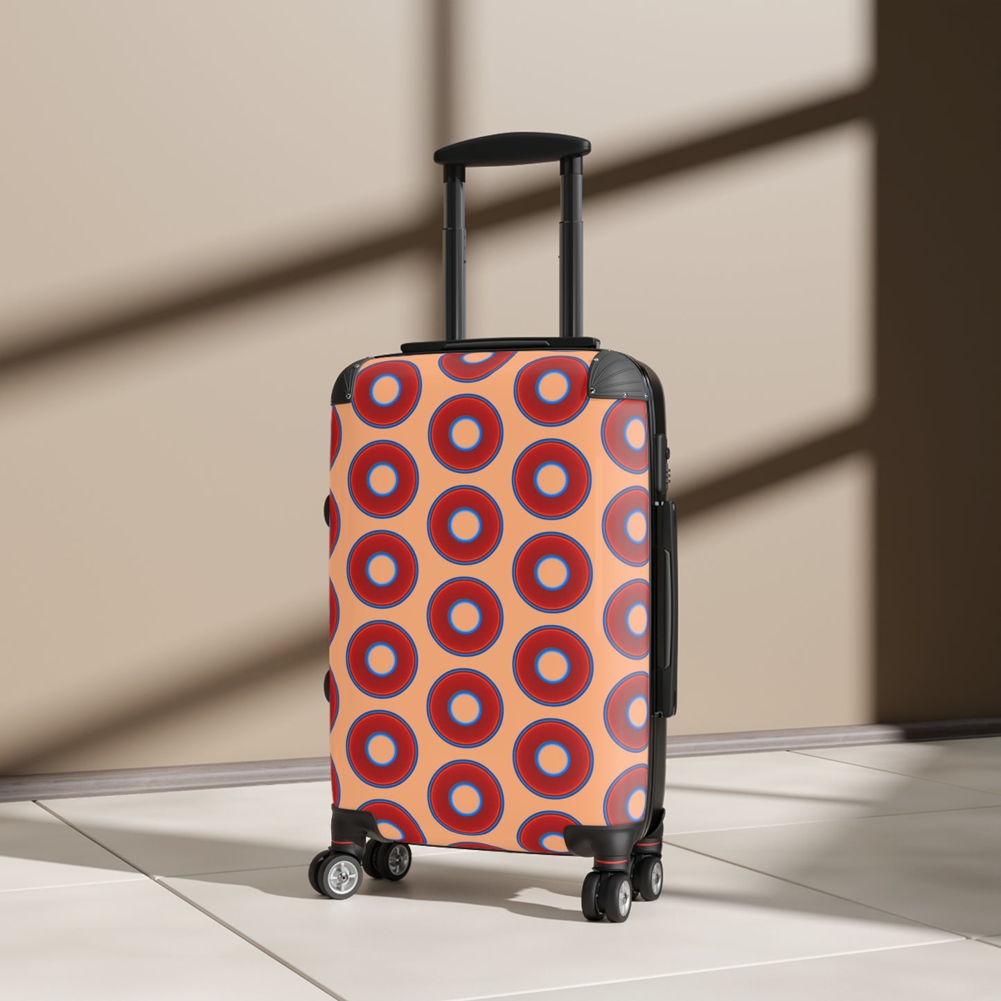 The Very Lumpy Donut Suitcase series - your choice of S, M or L - vivid red donut print w/peach background