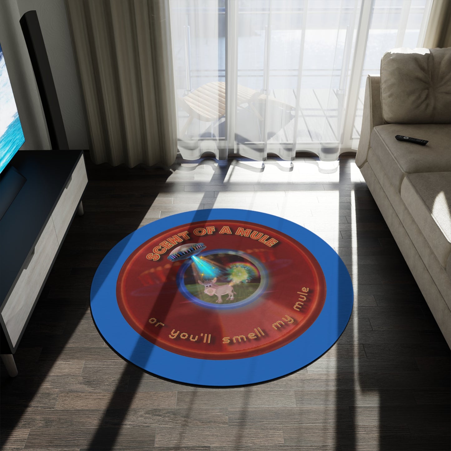Round Room - 5 ft x 5 ft Lumpy Donut Rug - "Donut Rugs? In Tomahawk County?" - vivid red donut w/dark royal blue background - variant 4