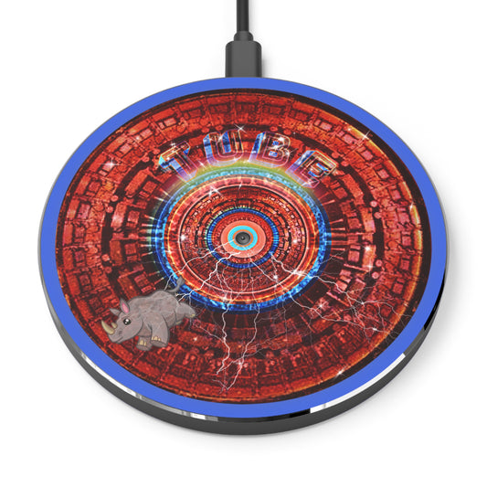 The Flow - Wireless Lumpy Donut Chargers - "Rhinos do Run from Thunder & Wireless Charging" - red tube donut w/royal blue background - variant 2