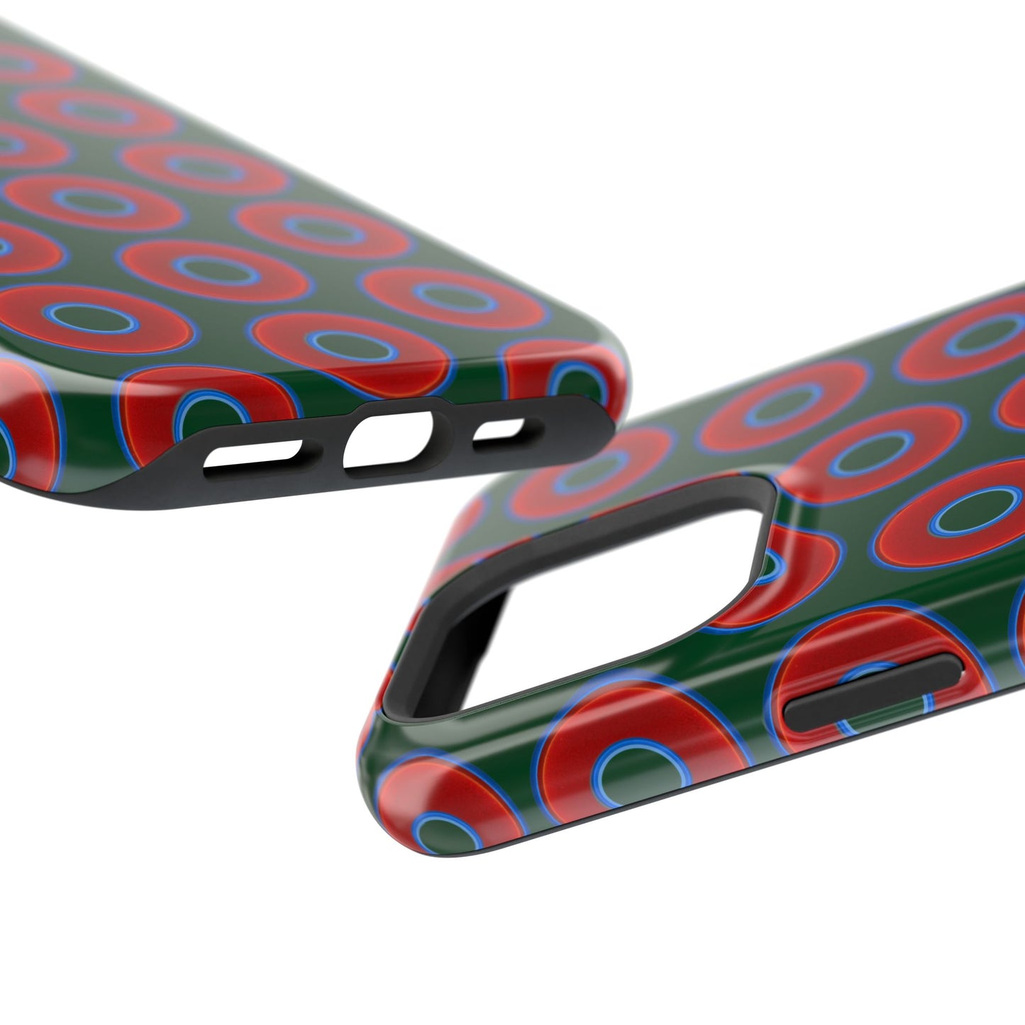 Impact-Resistant Lumpy Donut Case - red vivid donut print w/dark pond green background