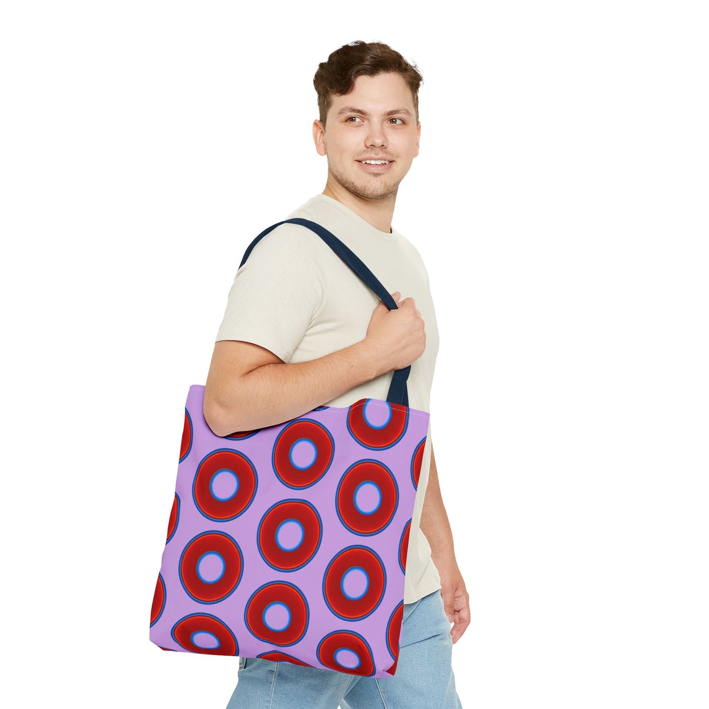 Lumpy Beach/Tote Bag - red vivid donuts w/wisteria purple background