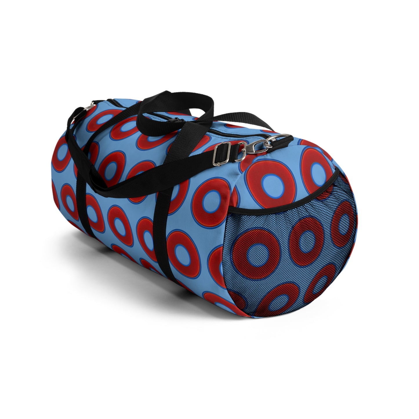 Lumpy Duffel - vivid red donuts w/light blue background