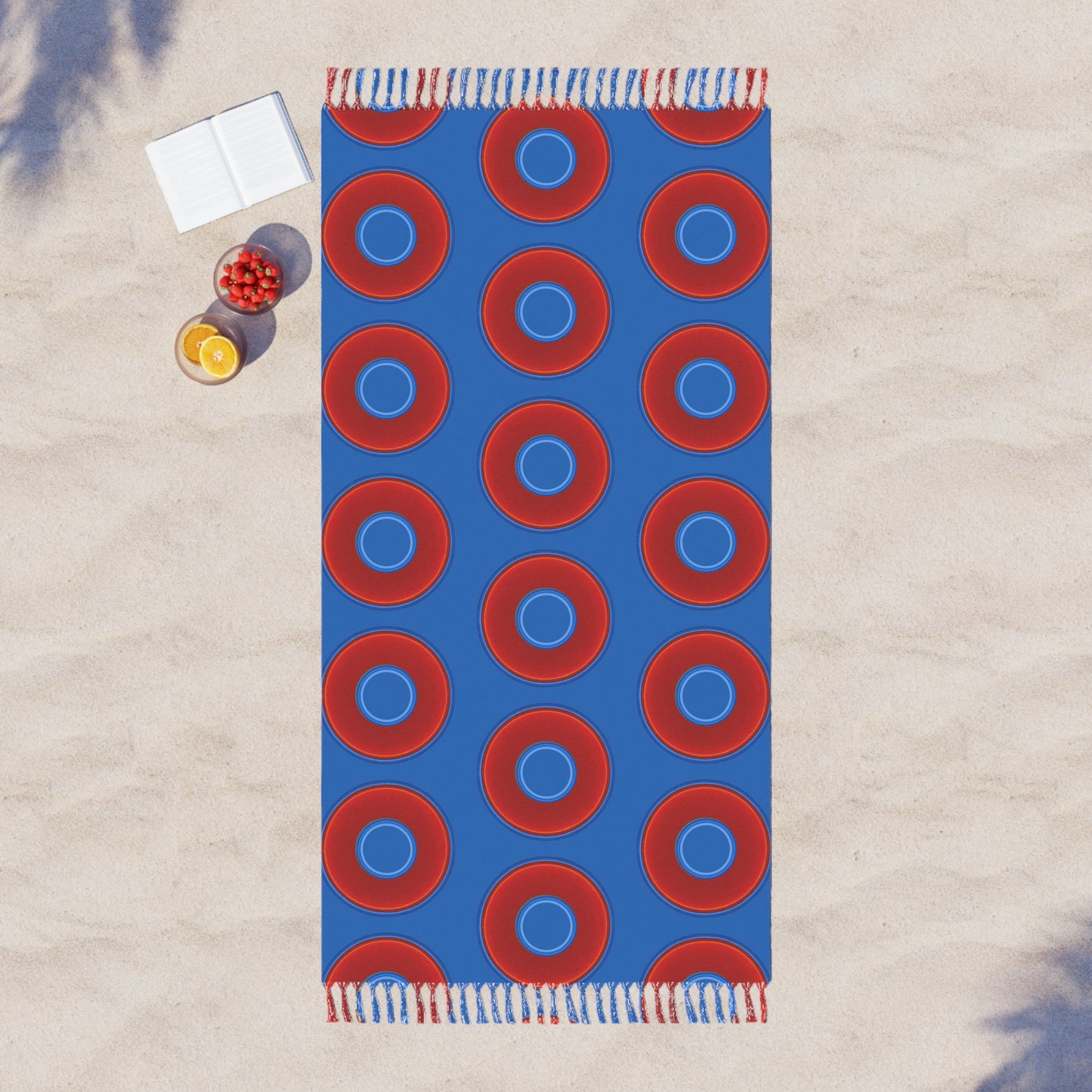 Oversized Lumpy Beach Towel - vivid red donuts w/dark royal blue background
