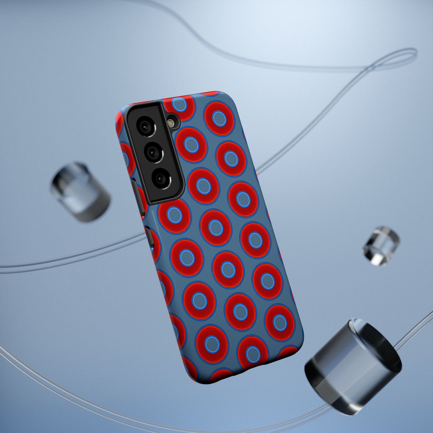 Impact-Resistant Lumpy Donut Case - red vivid donut print w/steel blue background
