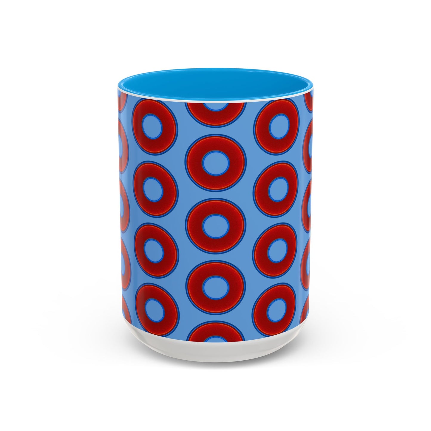 Lump's Grumpy Coffee Mug - vivid red donuts w/light blue background