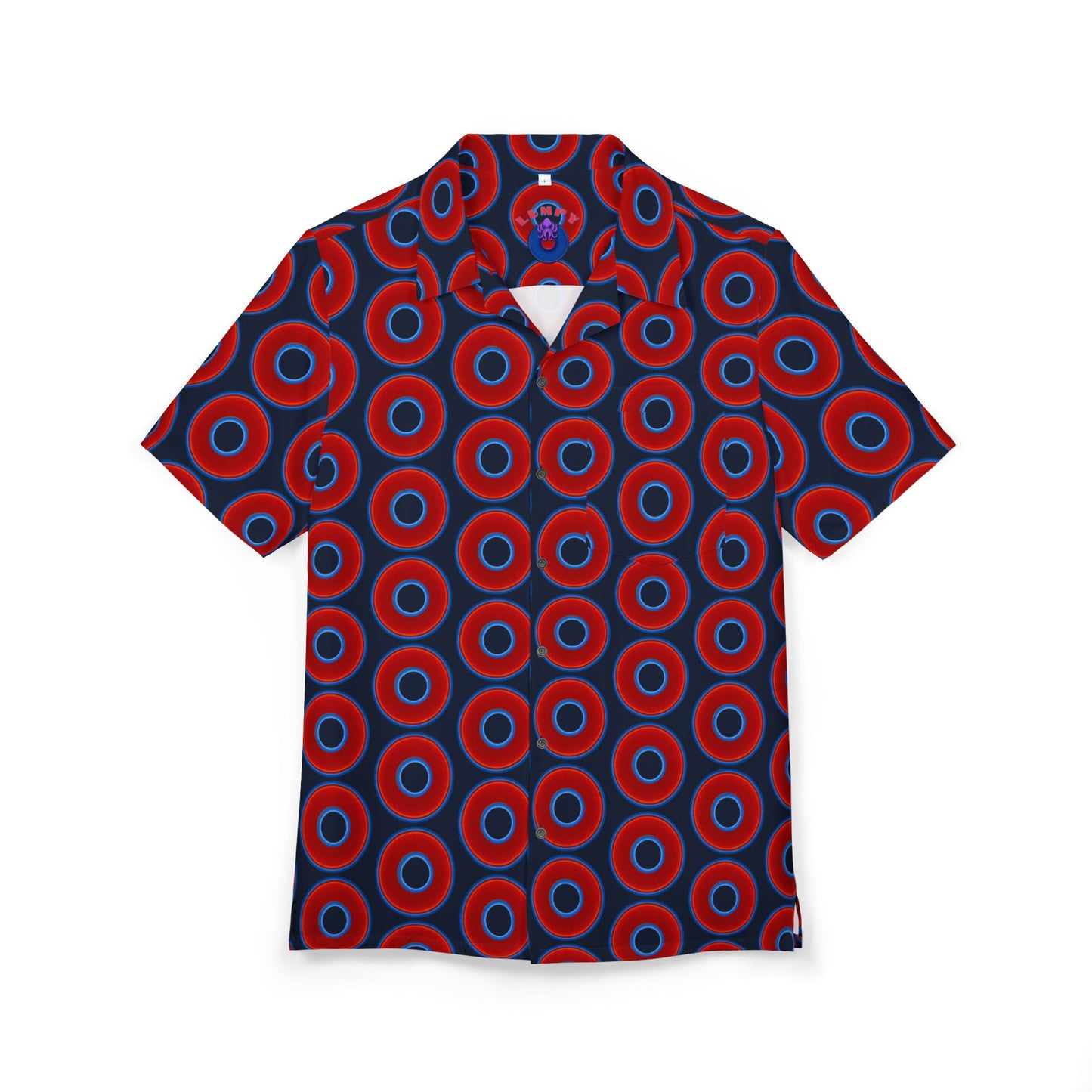Wilson's 'Epic Hawaiian-Punch' Shirt - vivid red donut print w/dark teal elite blue background [unisex]