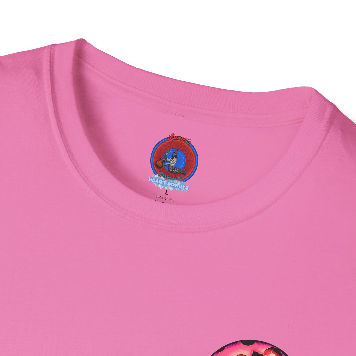 Classic Donut Tee - Unisex Soft-Style - "Would You Be My Donut?" - paradoxical faded magenta/red donut - variant 1