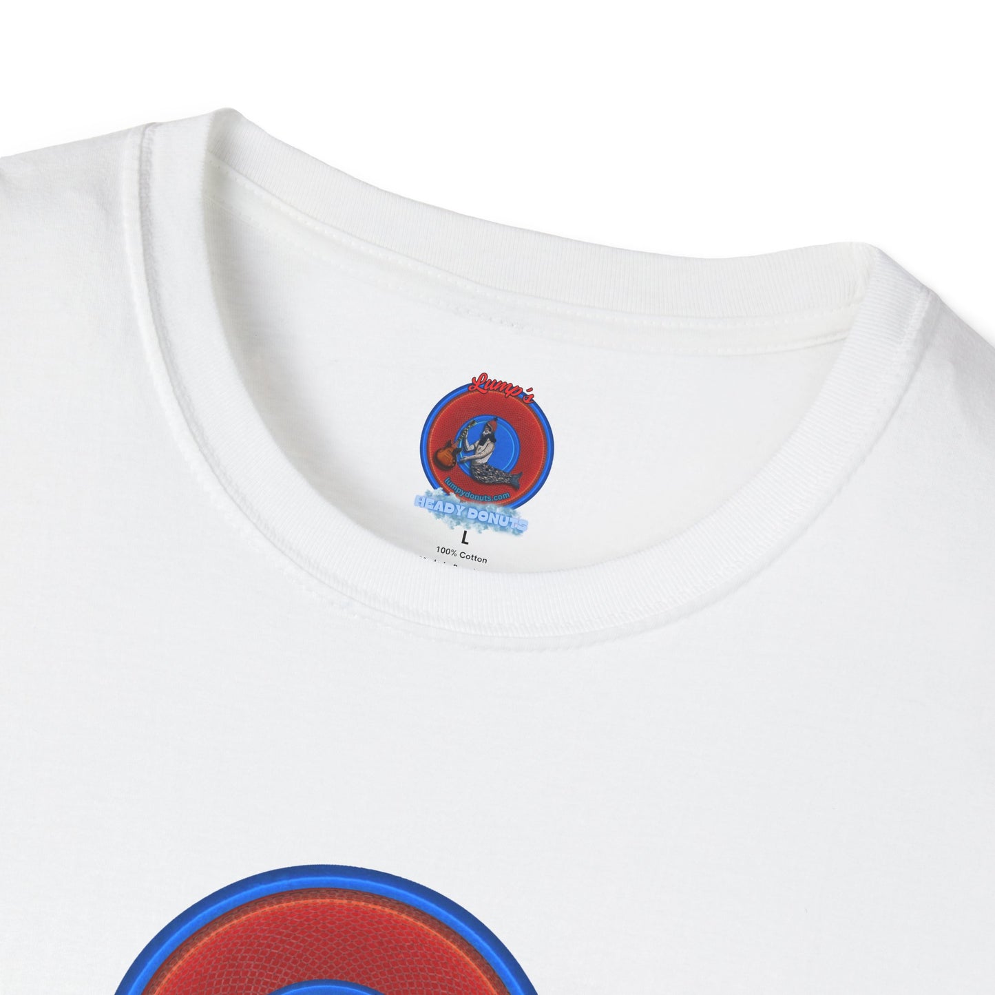 Classic Donut Tee - Unisex Soft-Style - "The Lumpy Donut" - variant 1 - red/blue donut