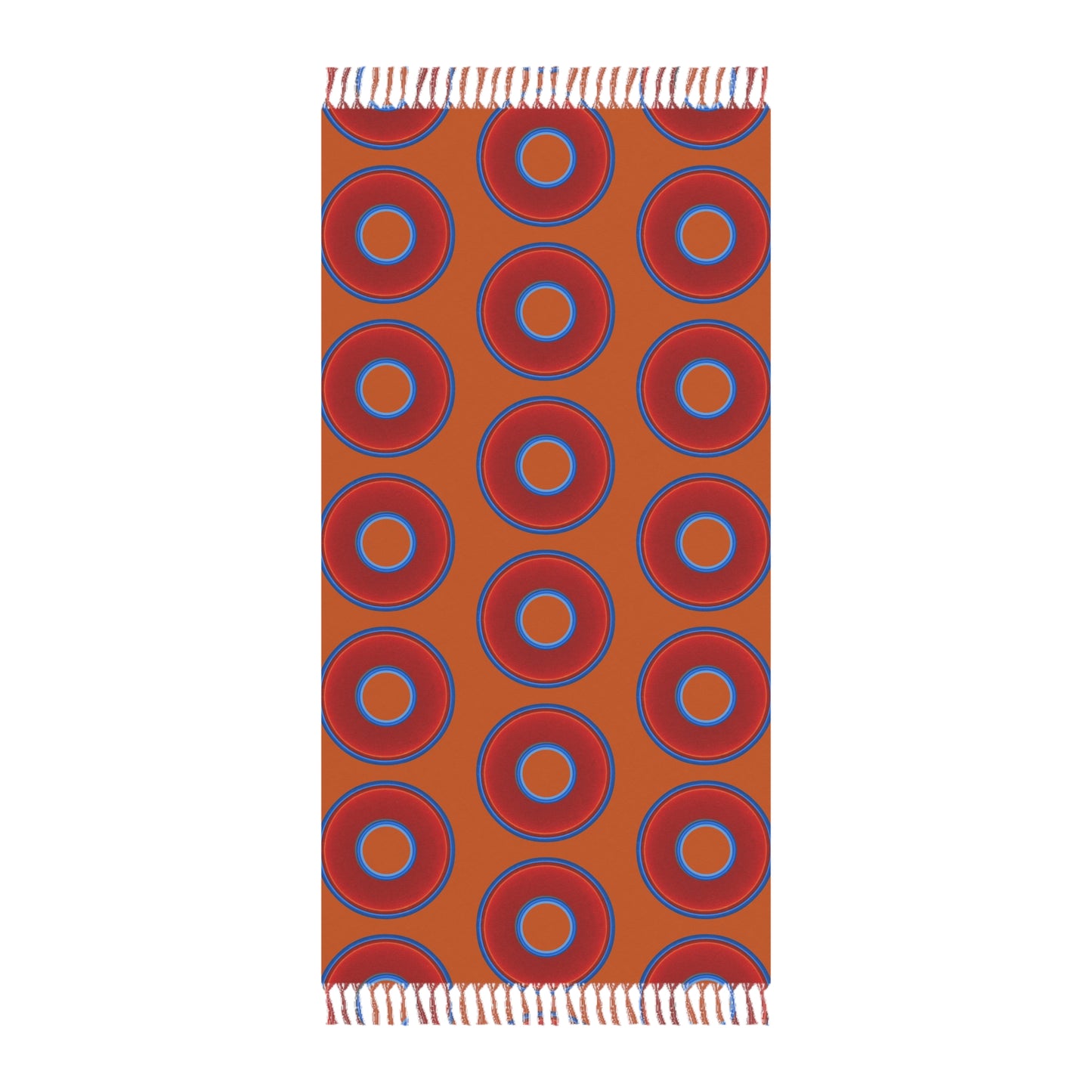 Oversized Lumpy Beach Towel - vivid red donuts w/dark orange background