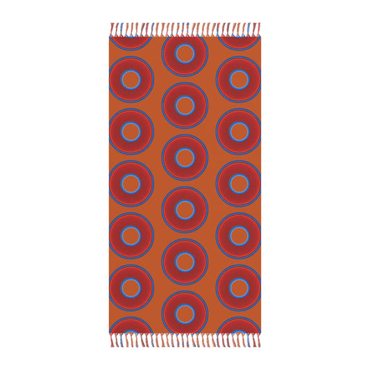 Oversized Lumpy Beach Towel - vivid red donuts w/dark orange background