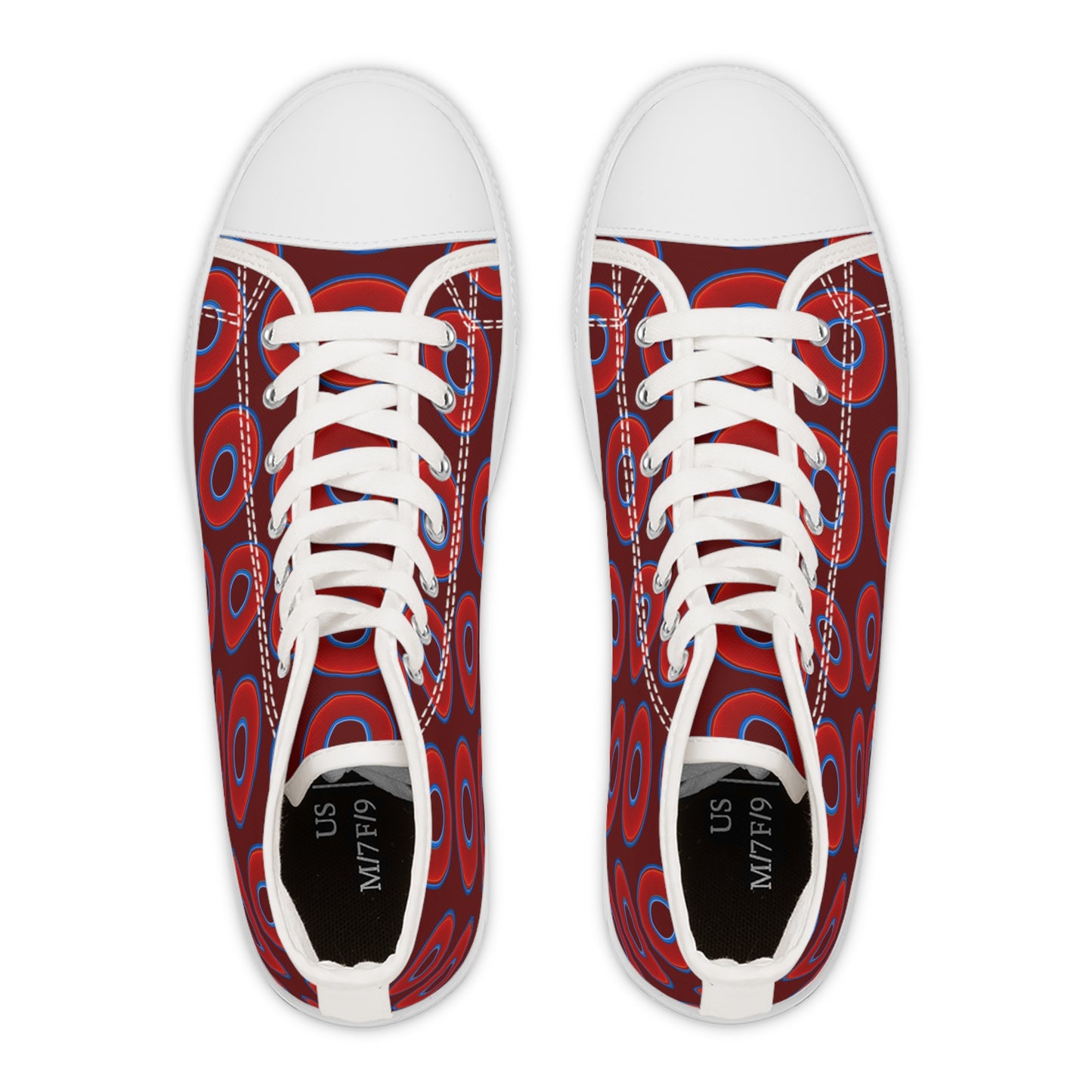 Women's High Top Chuck Taylors - large vivid red donut print w/dark red background
